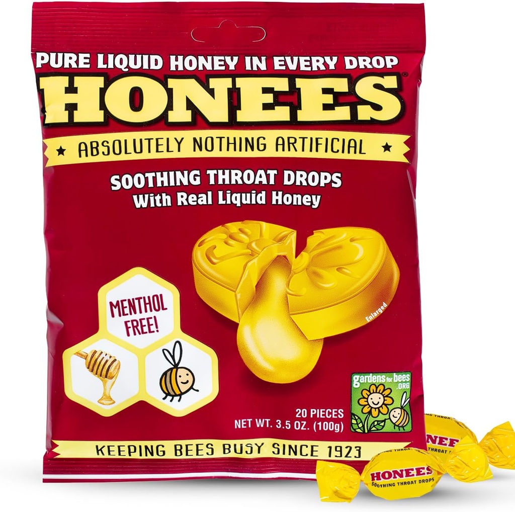 Honees Honig Gefüllte Tropfen, Honig Husten Tropfen mit echten Honey-Natural Sore Throat Relief-Nothing Artificial-Throat Coat Lozenges, Natürliche Cough Suppressant, Non-GMO, Gluten Free (1 Pack – 20 Tropfen)