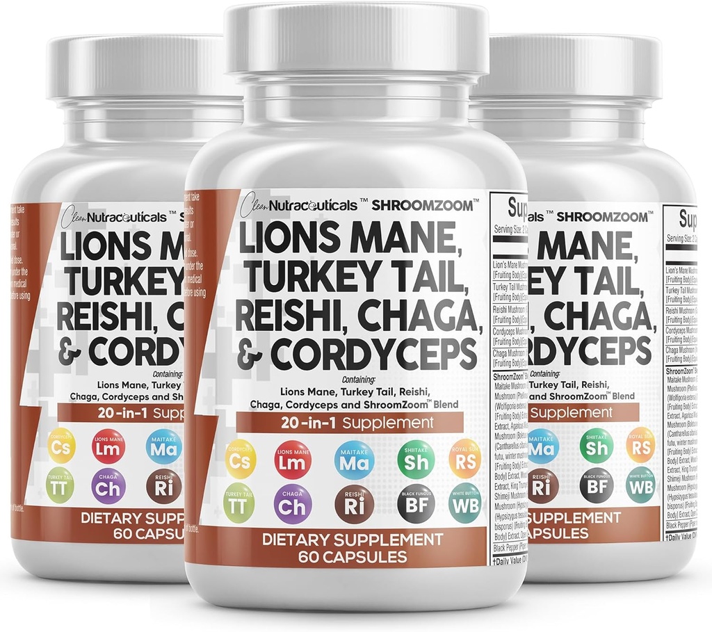 Clean Nutraceuticals Lions Mane 20in1 Mushroom Supplemento con Turchia Tail Reishi Cordyceps Chaga Maitake Meshima Poria Cocos Shiitake Oyster Porcini Enoki - 3Pack