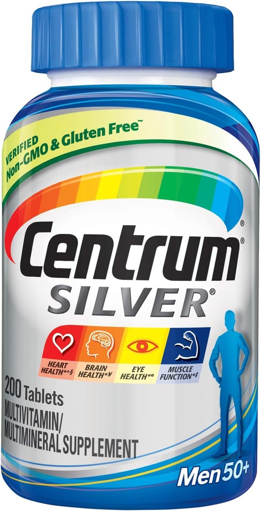 Centrum Silver Multivitamin per gli uomini 50 Plus, Integratore Multiminerale, Vitamina D3, B-Vitamins e Zinco, Senza Glutine, Ingredienti Non OGM, Supporta Memoria e Cognizione in Adulti Anziani - 200 Ct