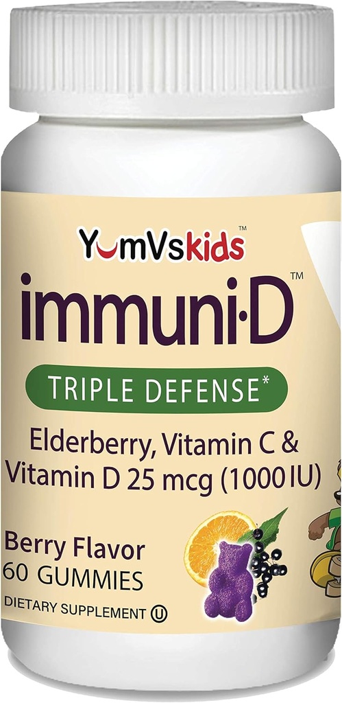 ImmuniD Elderberry Gummies for Kids by YumVs | Supporto immunitario, vitamina C & vitamina D | Supporto completo del sistema immunitario | Natural Berry Flavor Chewables-60 Count | Vitamina C e D per bambini