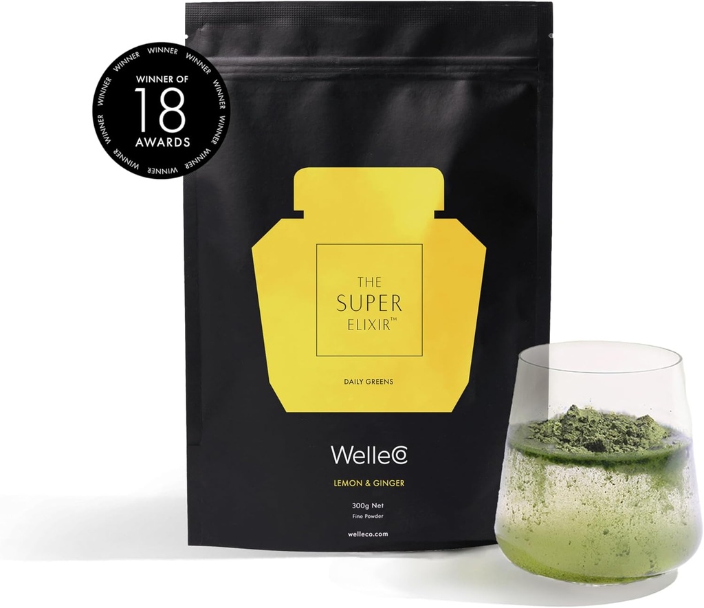 WelleCo Das Super Elixir Daily Greens Powder, Probiotic Drink Mix mit ganzer Nahrung, Glutenfrei, Vegan Gut Health Powder, Energie, Immunität, Gesunde Haut, Haare & Nägel (300g, Lemon Ginger)