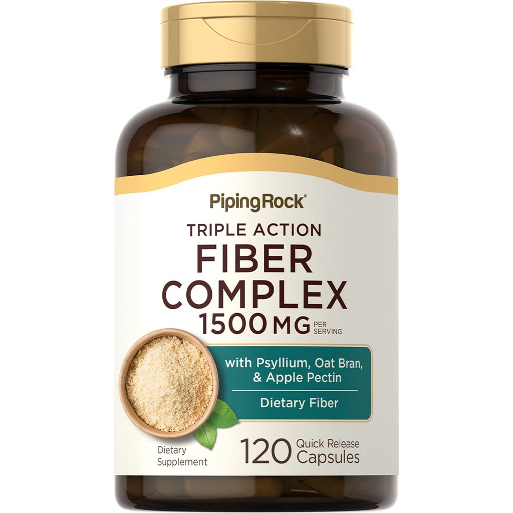 Supplément complexe de fibre de roche piquante : 1500mg, 120 Capsules Triple Action Pills avec Psyllium, Oat Bran et Apple Pectin, sans gluten