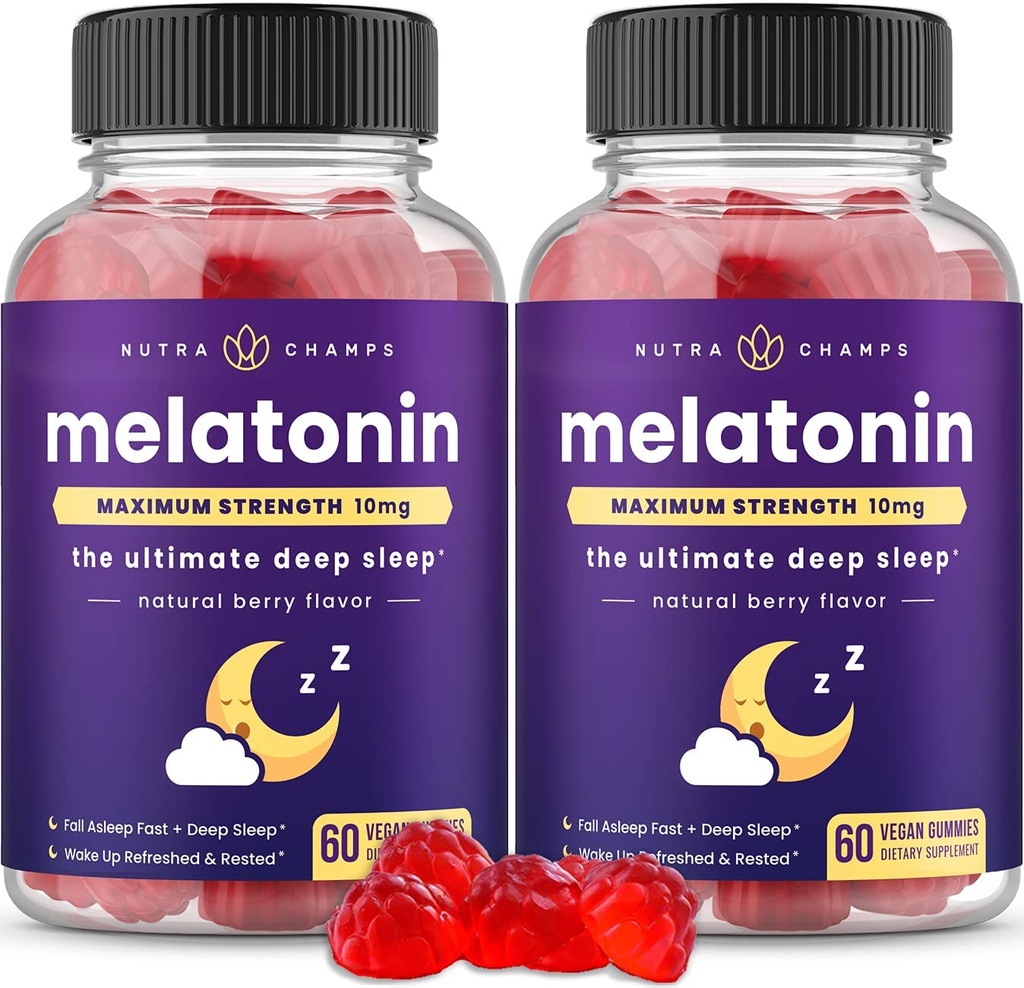 NutraChamps (Paket von 2 Melatonin-Gummien für Erwachsene, extra Kraft Schlafhilfe Vitamine, 5 mg oder 10 mg Dosis, Vegan Natural Strawberry Flavor Supplement für besseren Schlaf, 120 Gummis)