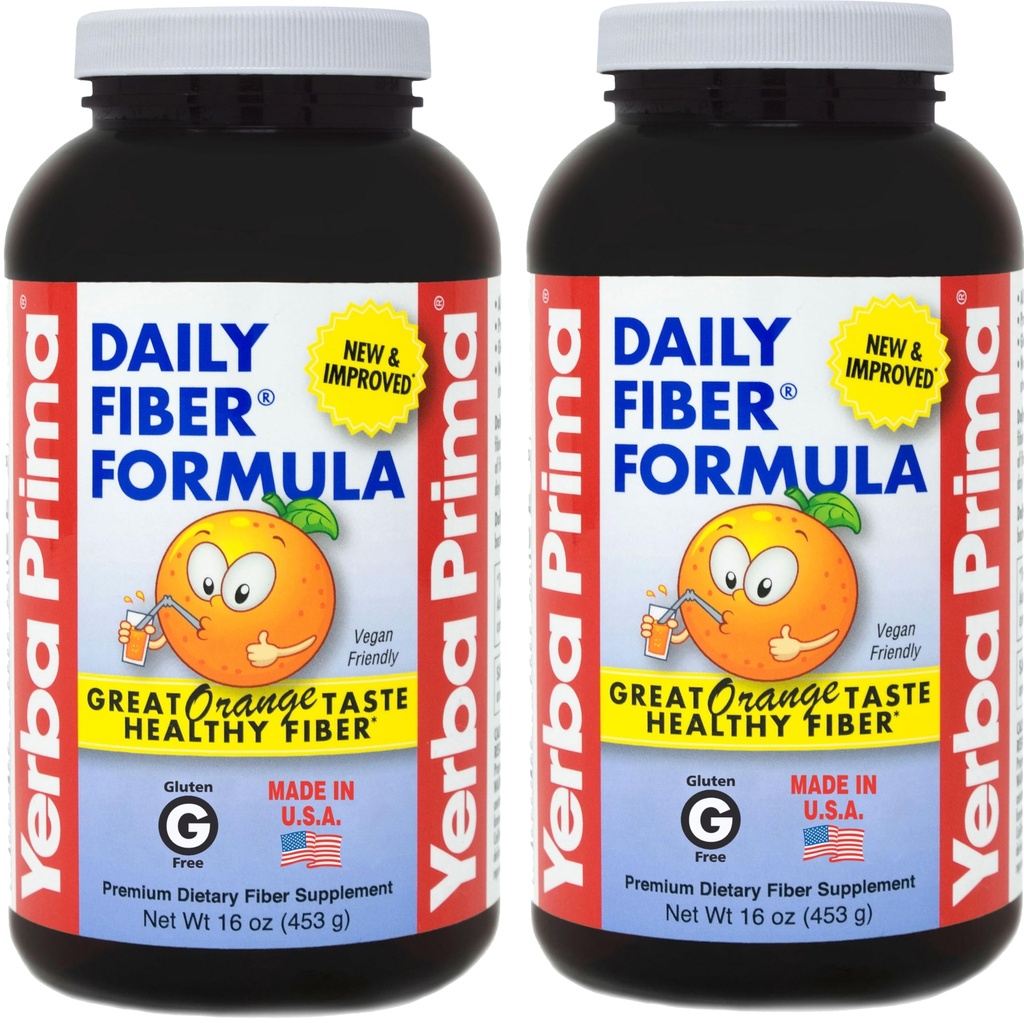 Yerba Prima Daily Fiber Formula 16 oz (Pack mit 2) - Premium-Diätary Fiber Supplement, Non-GMO, Glutenfrei, Made in USA, Orange Flavor