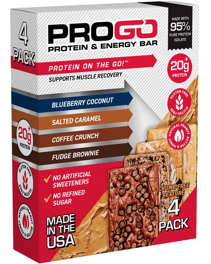 ProGo Protein Bars, Low Sugar, High Protein Snacks (bis 21g) - 95% Pure Isolate für schnelleres Muskelwachstum & Recovery, Niedrige Kalorien, Süße w/Peanut Butter & Raw Honey (4-Count, Starter Pack)