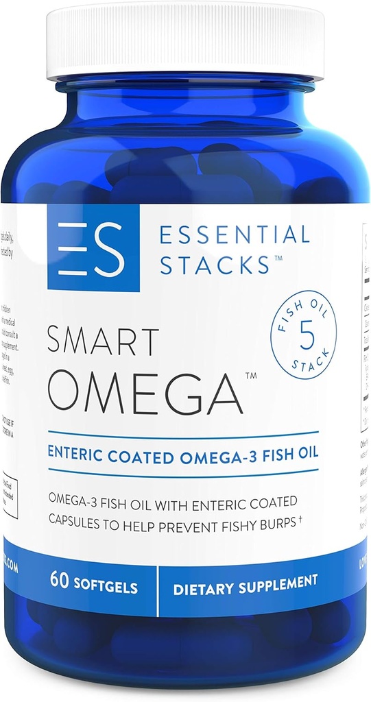 Piles essentielles Smart Omega 3 - Huile de poisson sans Burpless - 1400mg EPA DHA par portion, enrobé entérique (60 capsules)