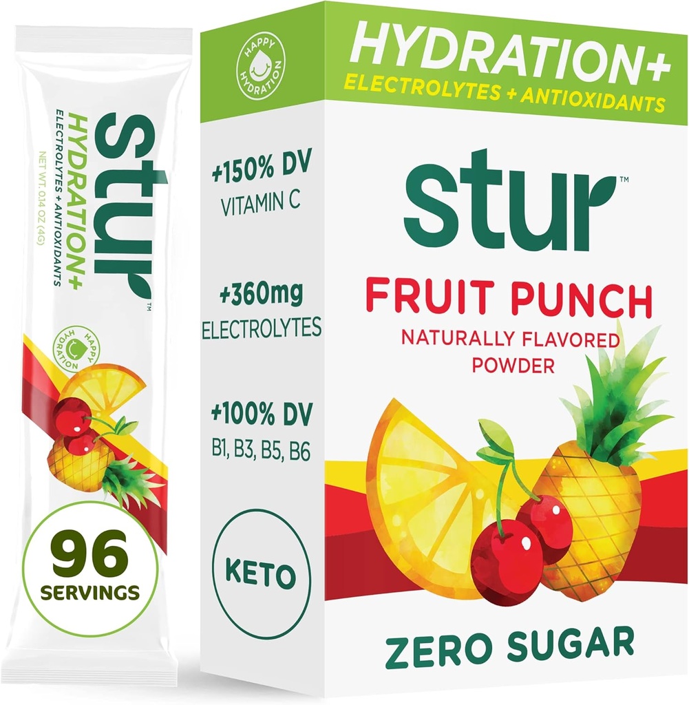Stur Electrolytes Pulver Hydration Packets | Fruit Punch | Sugar Free Water Flavor Packets for Workout Recovery | High Antioxidants & B Vitamine | Keto, Vegan, Non-GMO, Paleo, 96 Packets