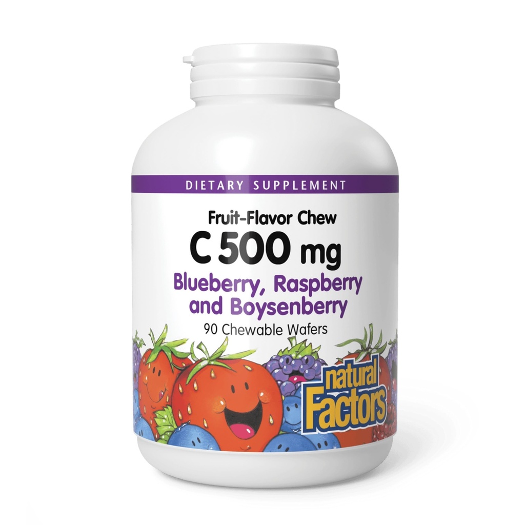 Natürliche Faktoren, Kinder Kaubares Vitamin C 500 mg, unterstützt Immungesundheit, Knochen, Zähne und Gums, Blueberry, Raspberry und Boysenberry, 90 Count (Pack von 1)