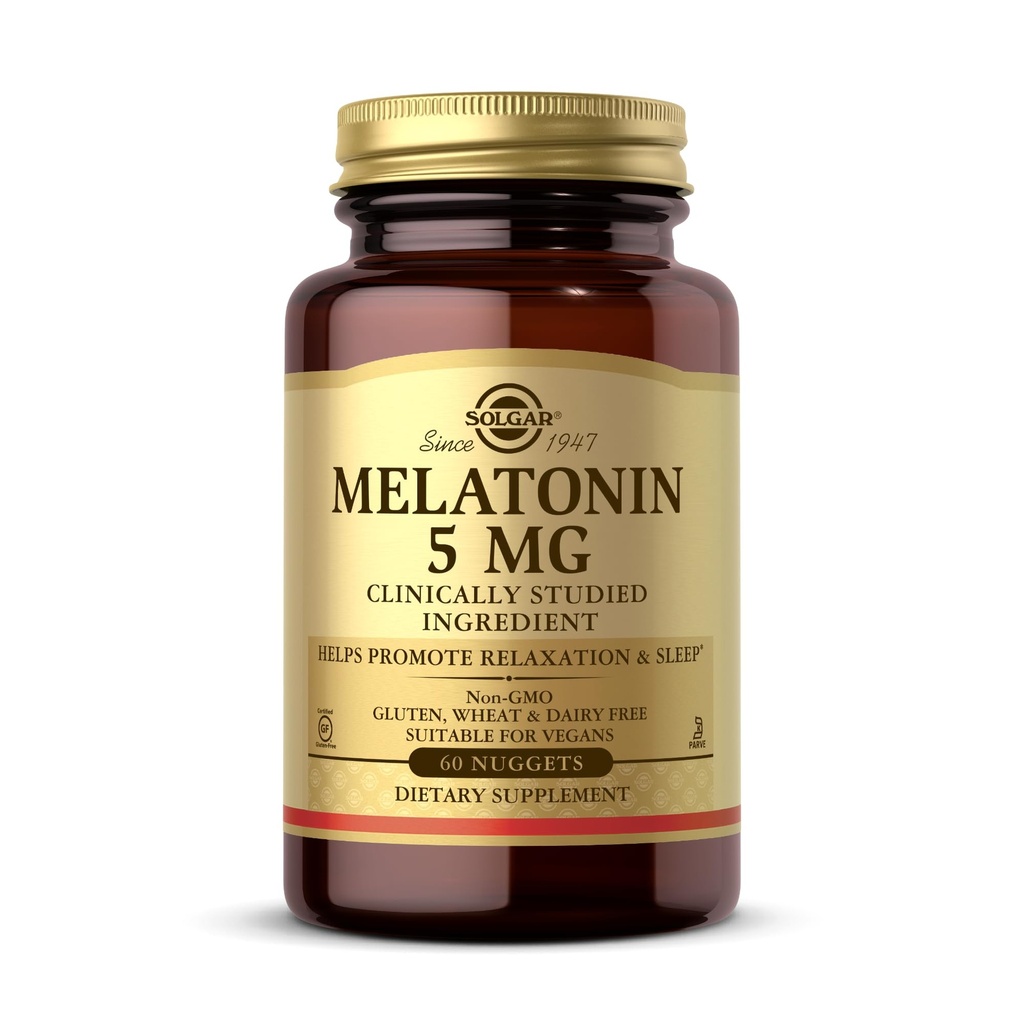 Solgar Melatonin 5 mg, 60 Nuggets - Hilft Entspannung und Erholung zu fördern - Klinisch untersucht Melatonin - Vegan, Glutenfrei, Dairy Free, Kosher - 60 Servietten