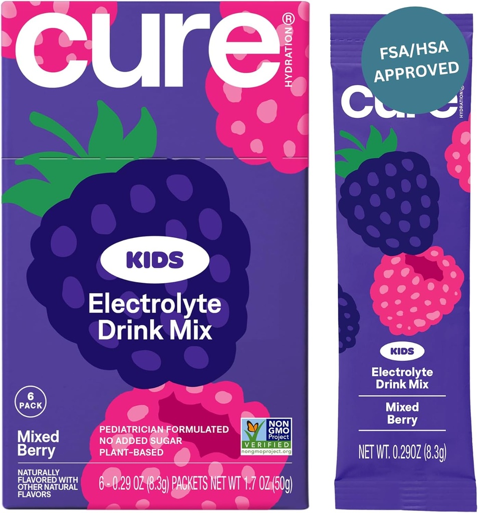 Idratazione Cure - Kids Electrolyte Drink Mix | Pediatrician formulato a base vegetale Riidratazione | Non Aggiunto Zucchero, FSA-HSA, Non OGM, Gluten-Free, No Artificial Flavors | Box di 6 confezioni - Bacche miste