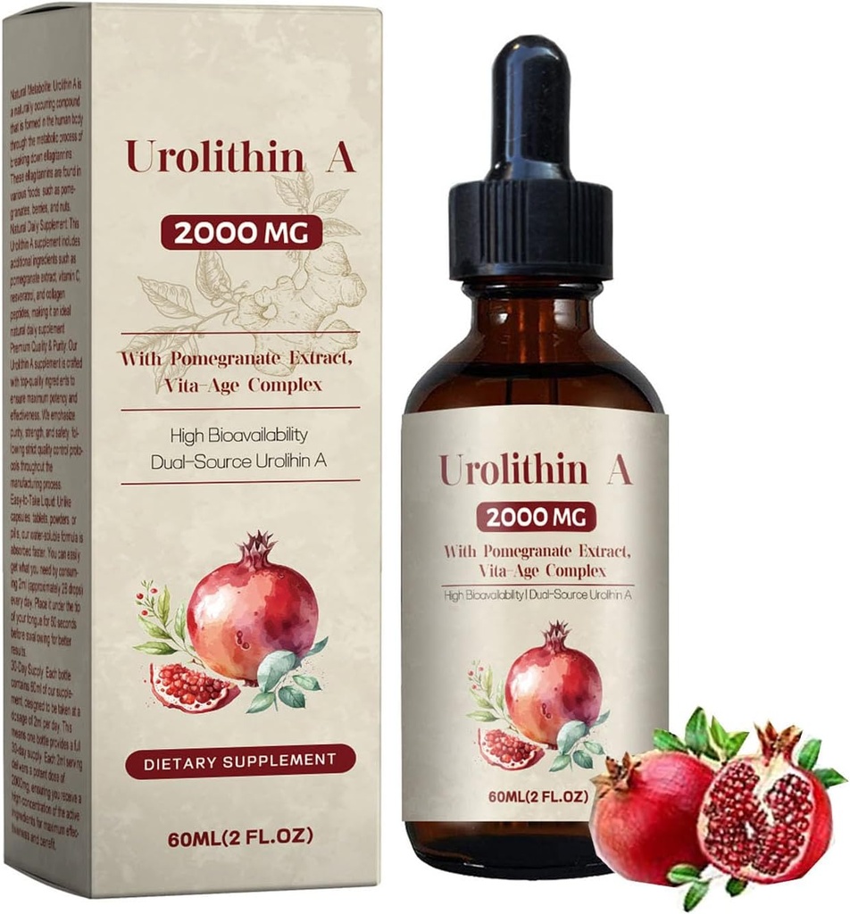 Urolitina A 2000MG Gocce liquide con Extraet di melograno, Vita-Age Complesso ad alta biodisponibilità Doppio-Fonte Urolitina A 60ML(2 Fl Oz,2024New)