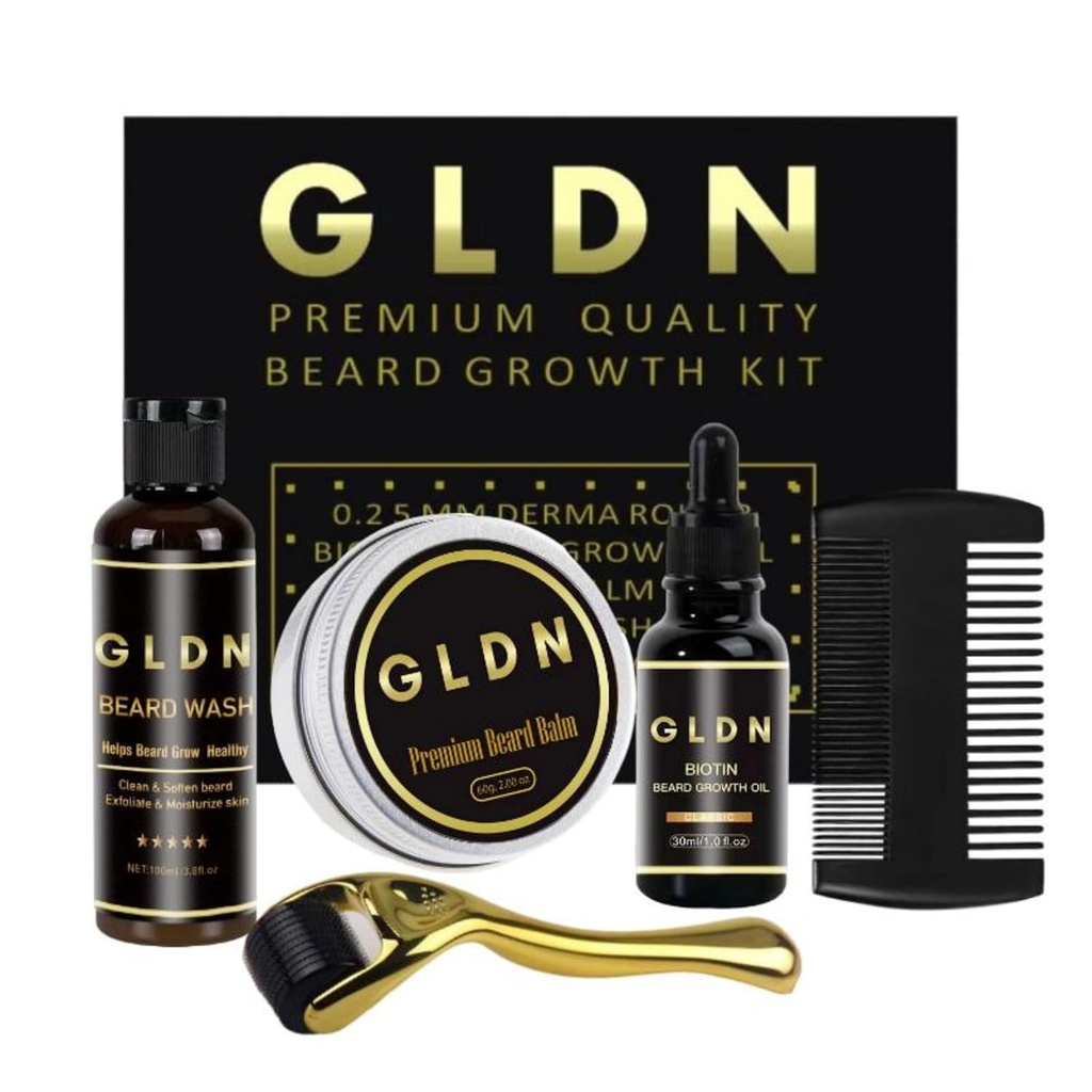 GLDN Beard Kit | Include olio del cuscinetto, siero del cuscinetto, cuscinetto Comb & Beard Derma Roller