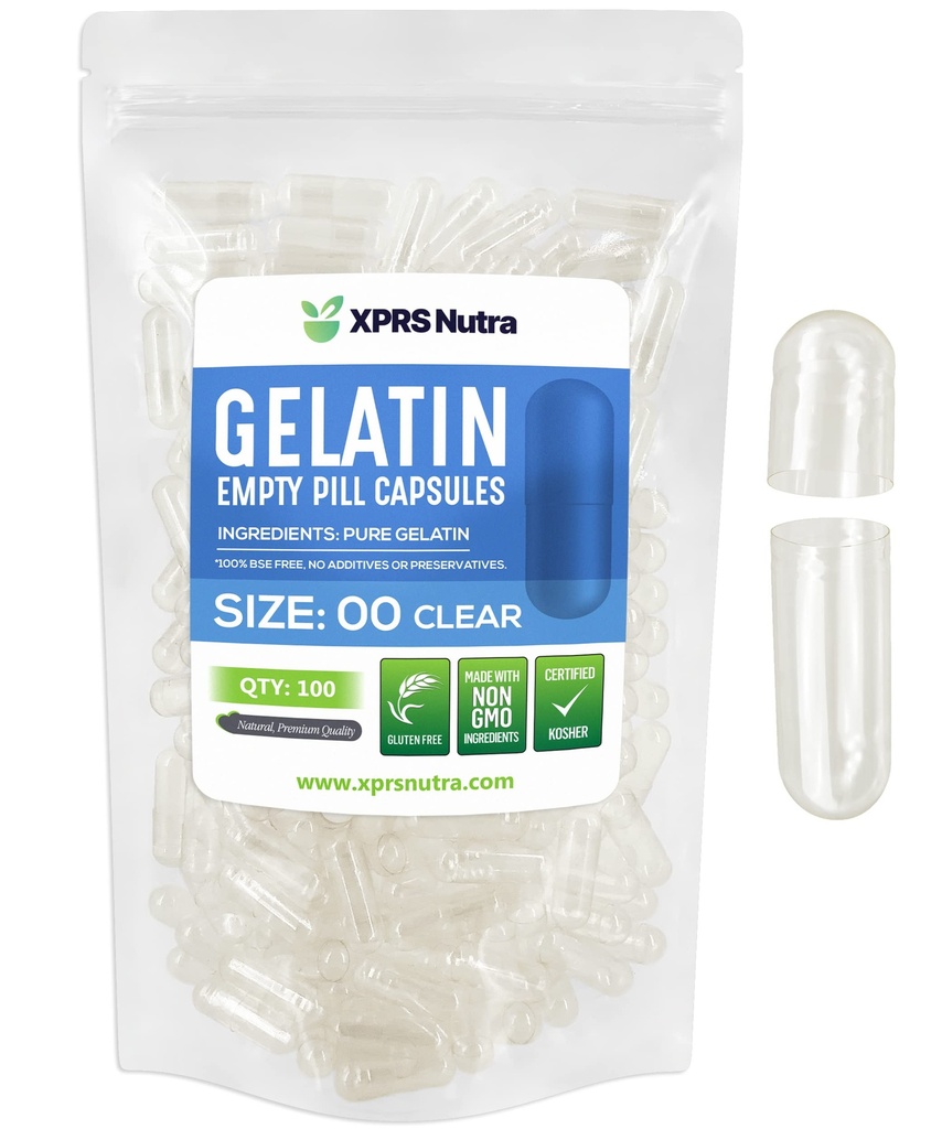 XPRS Nutra Size 00 Empty Capsules - 100 Count Clear Empty Gelatin Capsules - Pillole DIY Capsule Filling - Fillable Pill Gel Caps per Do-It-Yourself Supplements