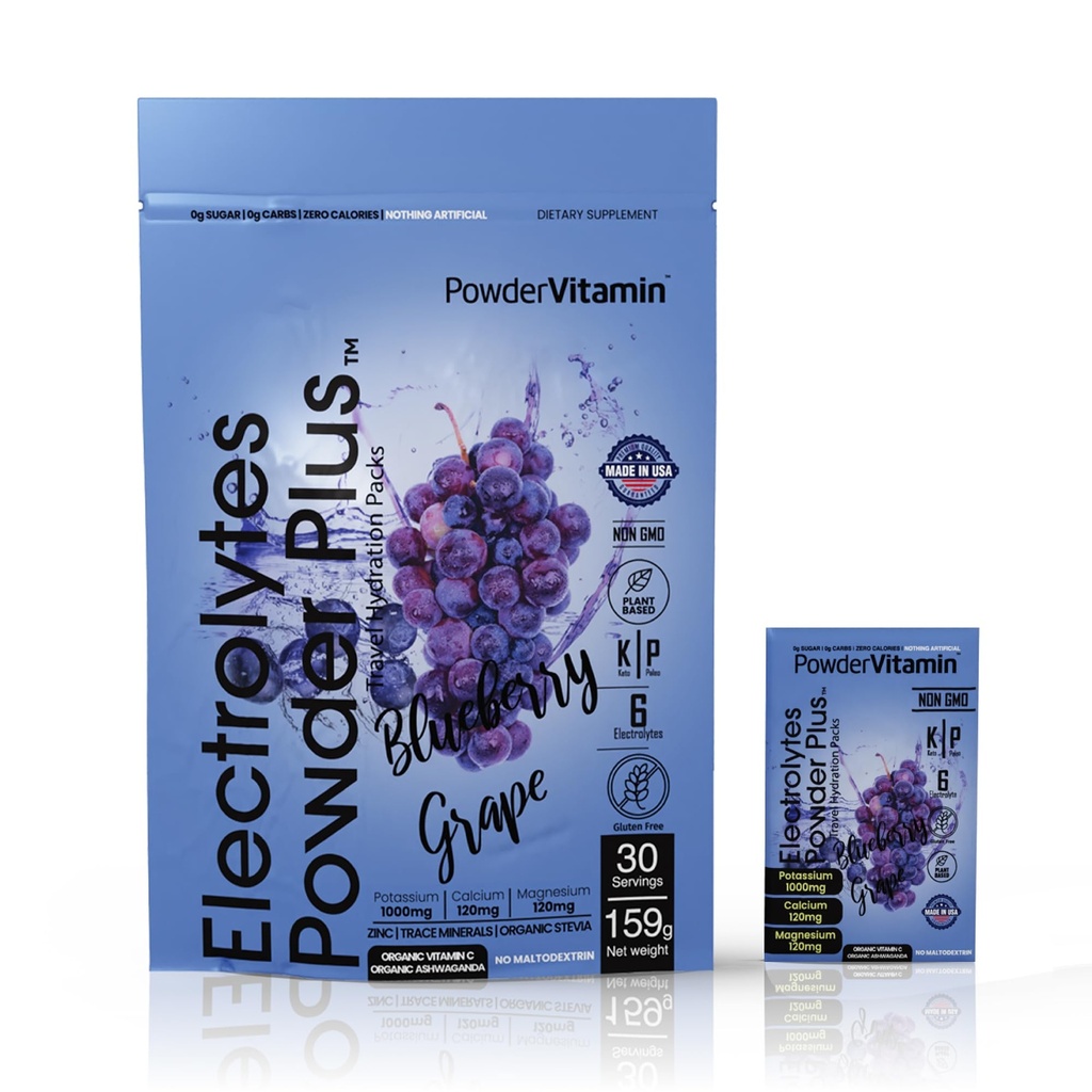 PowderVitamin Elektrolyte Powder Plus, Keto, Blueberry Grape, Zero Sugar, 1000mg Kalium, 120mg Calcium, 120mg Magnesium, Non-GMO, Zero Calories, 30 Hydration Packets