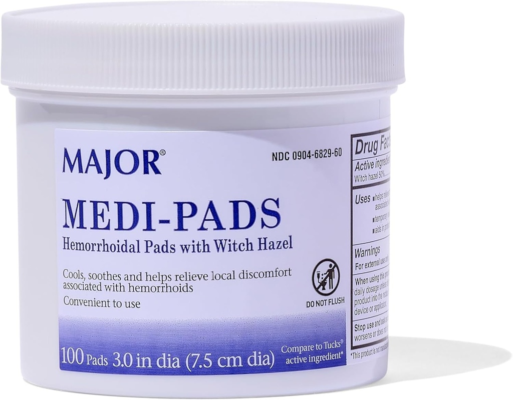MAJOR Medi-Pads - Hämorrhoidal Hygienic Cleansing Witch Hazel Pads - Cooling Relief mit Aloe - 100 Count Jar (1 Pack)