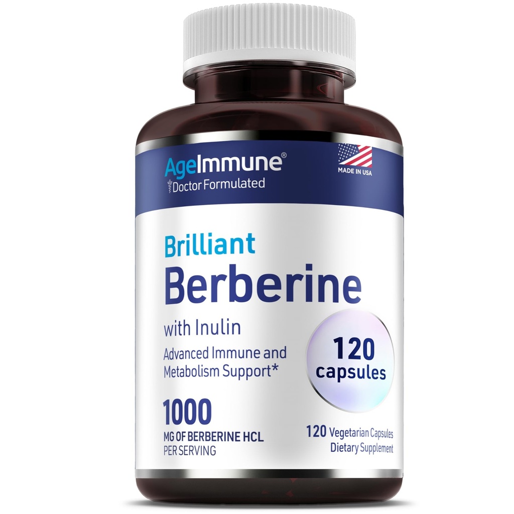 AgeImmune Berberine 1000mg Supplement Complex mit Inulin Prebiotic - Jede Kapsel enthält Berberine 500mg - Doctor Formulierte Ergänzungen für hohe Absorption.
