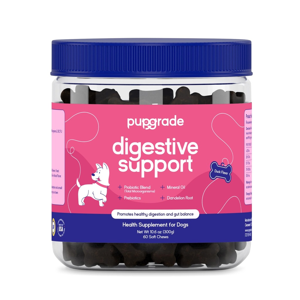 PupGrade Digestive Support Chews für Hunde - Präbiotische und probiotische Ergänzung mit Enzymmischung - Upset Stomach, Durchfall, Bowel und Immununterstützung - Kürbis, Blueberry, Mineralöl - 60 Soft Chews
