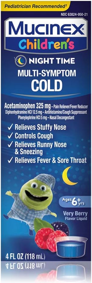 Kalt, Husten und Fever, Mucinex Kinder Multi-Symptom, Nachtzeit kalte Flüssigkeit, gemischte Beere, 4oz, Reduziert Fever, Controls Husten, Relieves Stuffy Nose