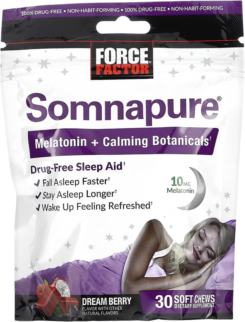 FORCE FACTOR Somnapure Soft Chews con 10mg Melatonin, L-teanina, Camomilla, Balm limone, Dream Berry Flavor, 30 Soft Chews