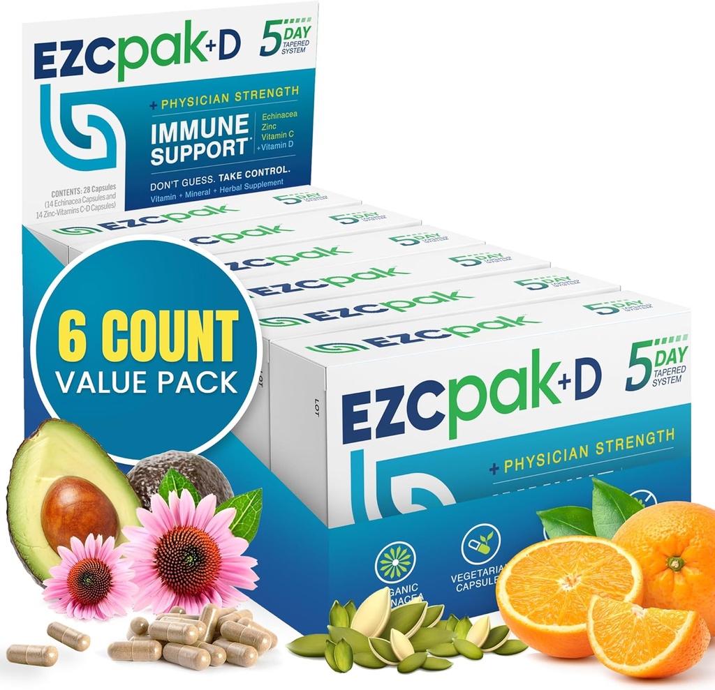 EZC Pak 5-Day Immune System Booster con Echinacea, Vitamina C, Zinc & Vitamin D - Integratore di Supporto Immune Nastro per Adulti - Supporta Immunità, Easy Travel-Size Supplemento - (Pack of 6)