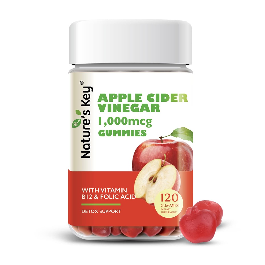 Nature's Key Apple Cider Vinegar Gummies 120 Count ACV Gummy with Folic Vitamin B6 B12 Beetroot & Pomegranate - Vegan, Non-GMO & Gluten-Free