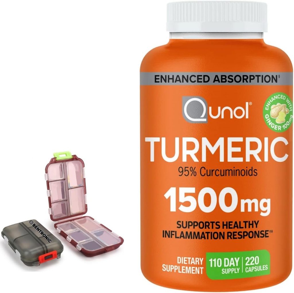 Supplément curcuma 1500mg, 95% Curcuminoides, 220 Capsules (110 jours d'approvisionnement) avec deux (2) cas de pilule de voyage.