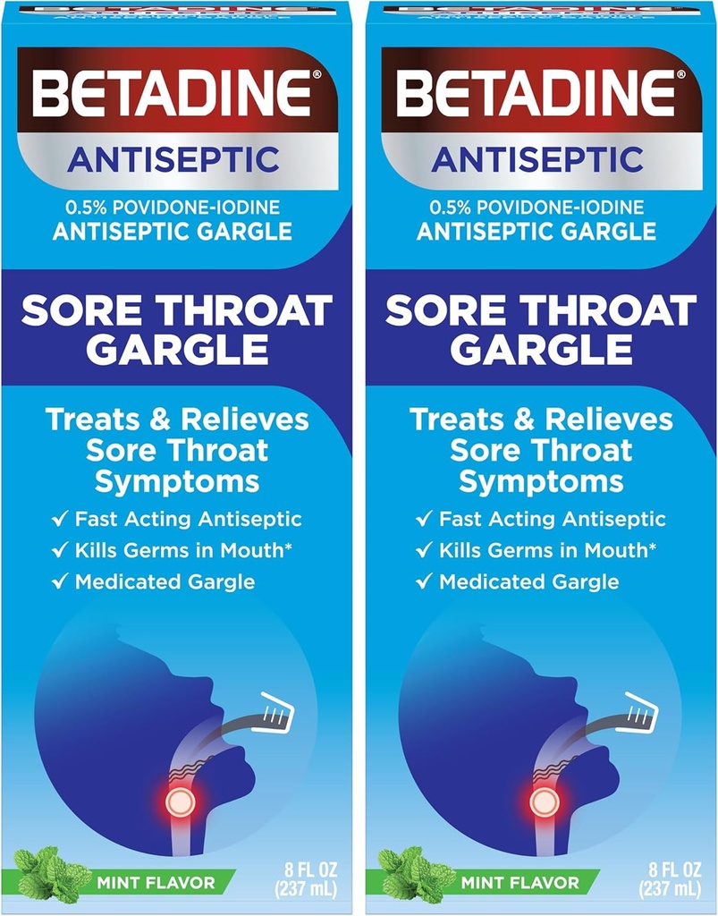 Betadine Sore Throat Relief Gargle, Mint Flavor, Fast Acting Antiseptic, Povidone-Iodine 0.5%, 8 oz (Pack von 2)