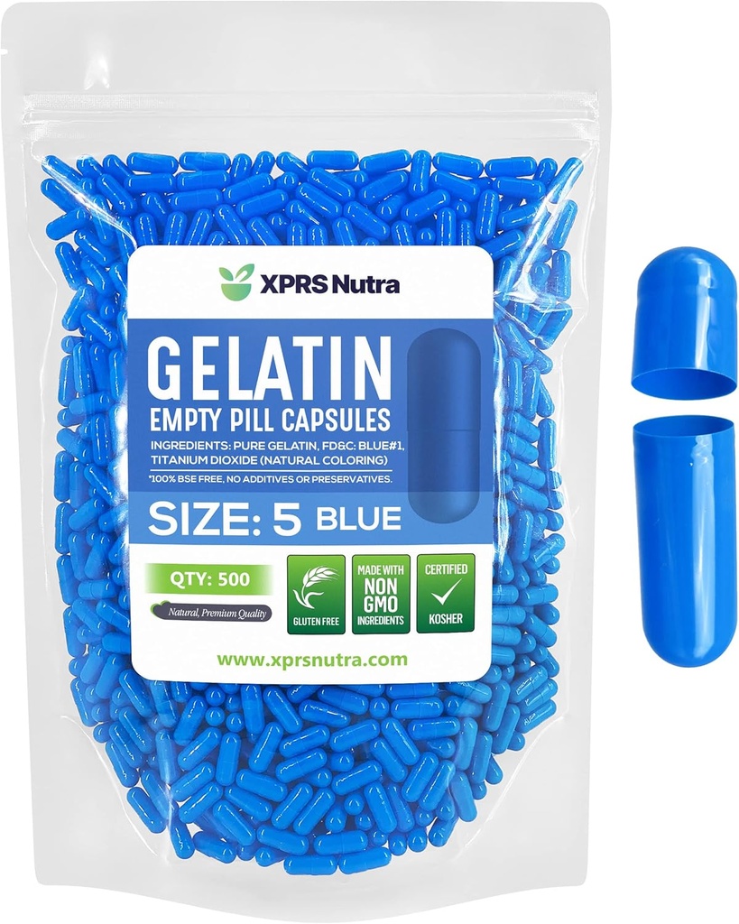 XPRS Nutra Größe 5 Leere Kapseln - 500 Graf Sehr kleine leere Gelatine Kapseln - Pillen DIY Kapsel Füllung - Fillable Pillen Gel Kapseln für Do-It-Yourself Vitamin Supplements (blau)