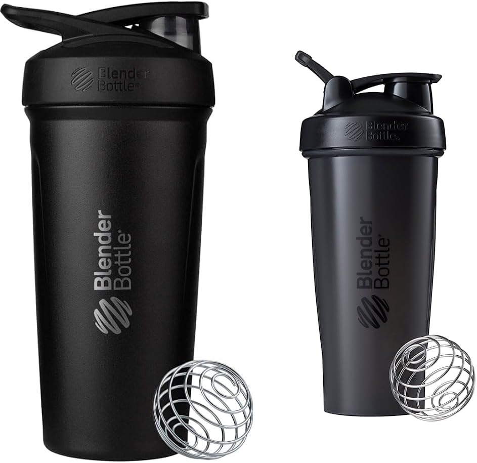 BlenderBottle Strada Shaker Cup Bottiglia di acqua isolata in acciaio inox con filo Whisk, 24-Ounce, Nero & Classic Shaker Bottiglia Perfetto per Protein Shaker e Pre Workout, 28-Ounce, Nero