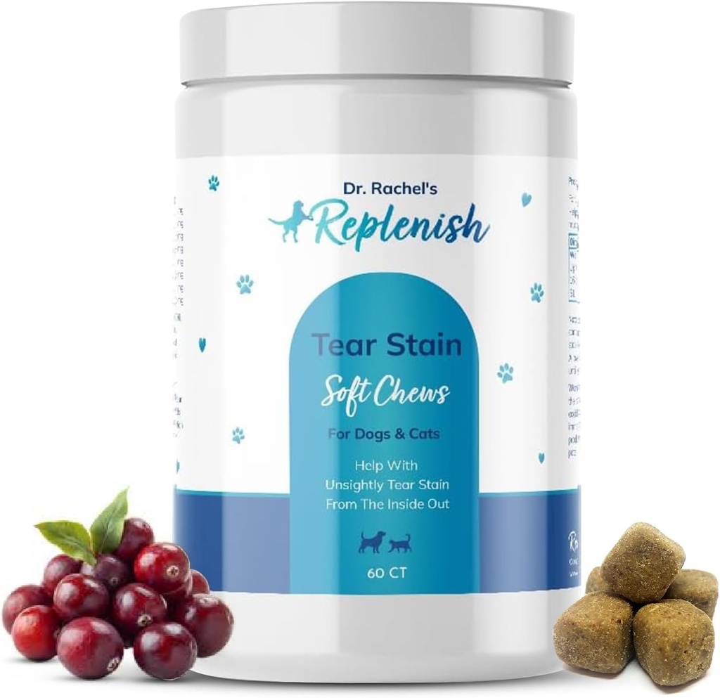 Replenish Tear Stain Chews für Hunde und Katzen - Dr. Rachels Tear Stain Remover für Hunde - Hundeaugen Tear Stain Remover - Tear Stain Supplement für Hunde - Natürliche Tear Stain Soft Chews - 60 Count