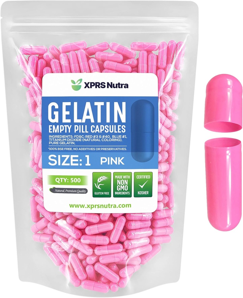 XPRS Nutra Größe 1 Leere Kapseln - 500 Graf Leere Gelatine Kapseln - Pille DIY Kapselfüllung - Pure Bovine Pille Gel Kapseln für Do-It-Yourself Ergänzungen (Pink)