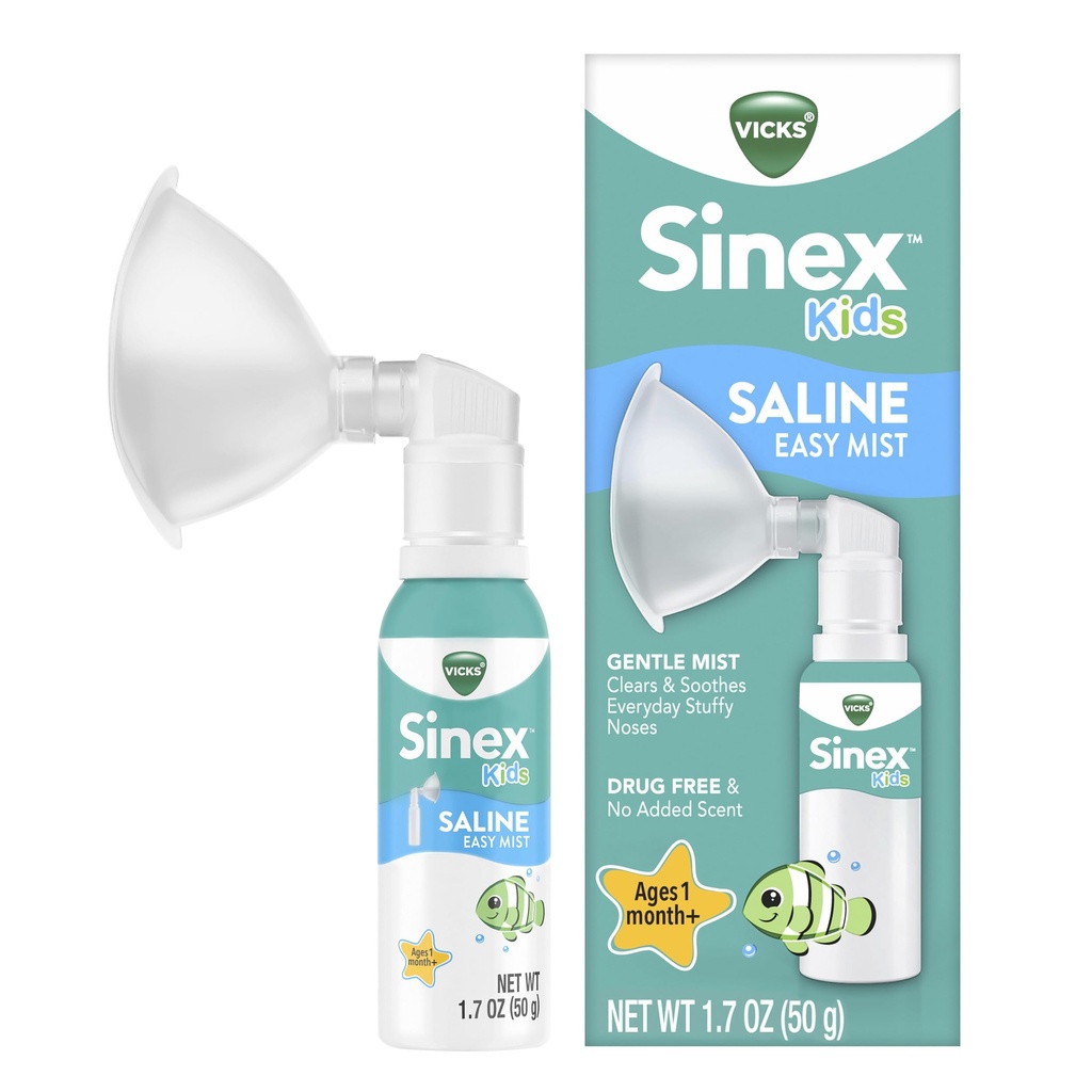 Vicks Sinex Kids Saline Easy Mist, Saline sans drogue, 1 mois et plus, Effacement doux et apaise les nez farcis tous les jours, sans danger pour une utilisation quotidienne, 1,7 OZ