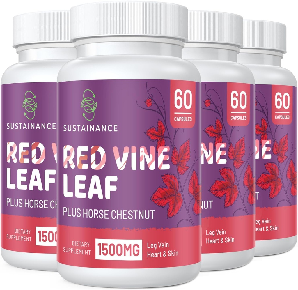 Estratto di foglie di vina rossa 1400mg & Estratto di ciambelle di cavallo 100mg supplemento per gamba, vena, circolazione, cuore, pelle (60 capsule - 4 bottiglie)
