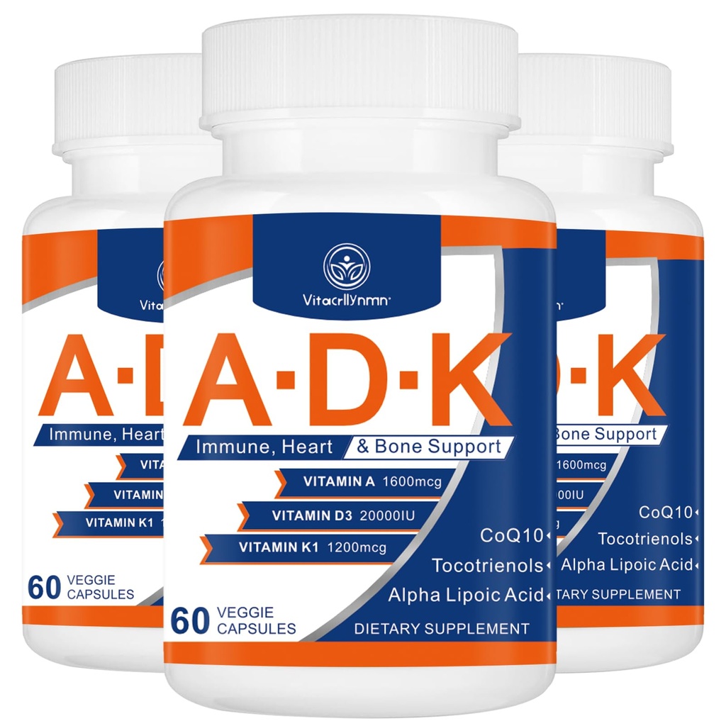 ADK Vitamin Supplement 20000 IU - Hohe Potenz Vitamine A, D3 und K1 für Herz, Knochengesundheit und Immununterstützung Vitamin ADK 180 Kapseln