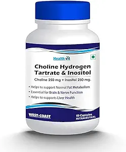 Choline Wasserstoff Tartrate 250mg & Inositol 250 Mg - 60 Kapseln | Energie Stoffwechsel, Leber Gesundheit, essentiell für Gehirn & Nerve Funktion - Non-GMO, Vegan, Glutenfrei, Dairy Kostenlos