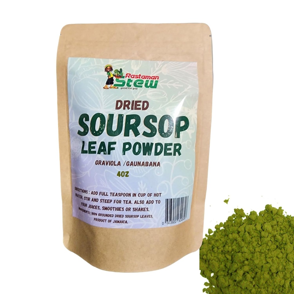 RastaMan stufato a terra Soursop Tea Foglie organiche polvere, Pure Graviola Leaf Extract/Guanabana Leaves/Sour Sop Stem - Ricco di antiossidante e nutrienti - No Preservative (4oz) Brown