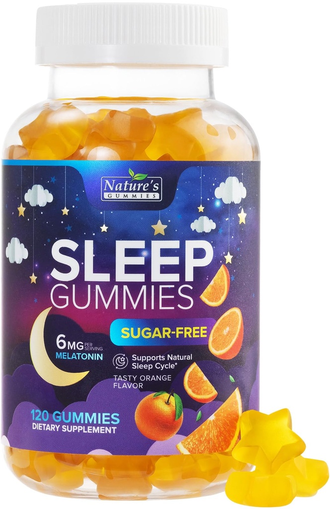 Cummie per il sonno 6mg per il servizio - Zucchero gratis Melatonin Gummy Supplemento per gli adulti - Gomma naturale Zero Sugar Sleeping per gli adulti e i bambini, Aroma arancione, Supporto per il sonno ad alta resistenza - 120 Gummies