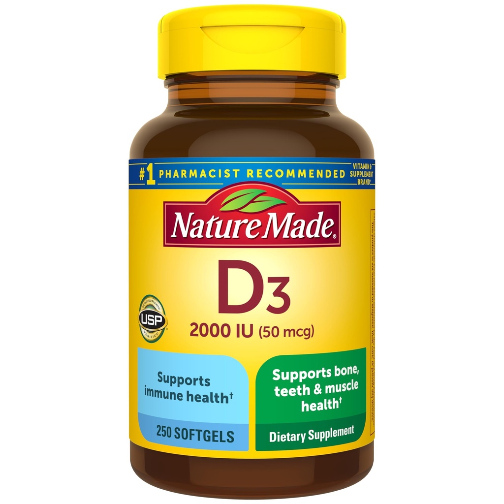 Vitamina D3 2000 IU (50 mcg), Integratore alimentare per Bone, Denti, Supporto per la salute muscolare e immunitario, 250 Softgels, alimentazione di 250 giorni