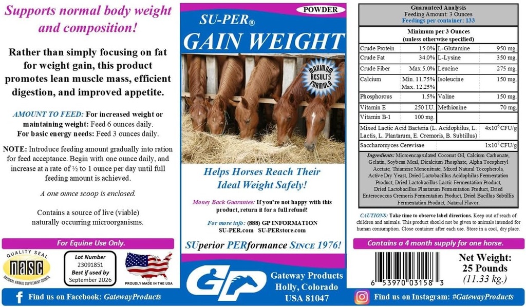 SU-PER Gain Peso per Cavalli - Equine Supplemento Peso Gainer per Cavalli - Promuove la massa muscolare magra, Digestione & Appetite - 25 sterline, 4 mesi di fornitura
