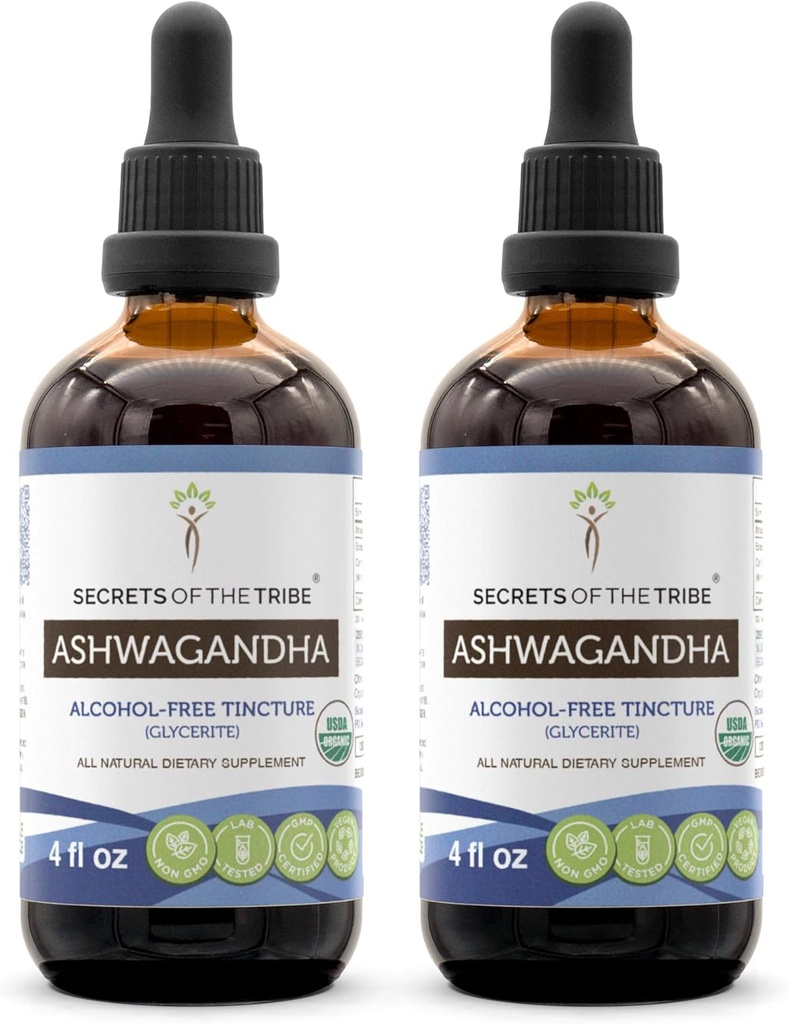 Ashwagandha Tincture Alkoholfreier Extrakt, USDA Organic Ashwagandha Withania Somnifera Anti-Stress und Entspannung 2x4 OZ