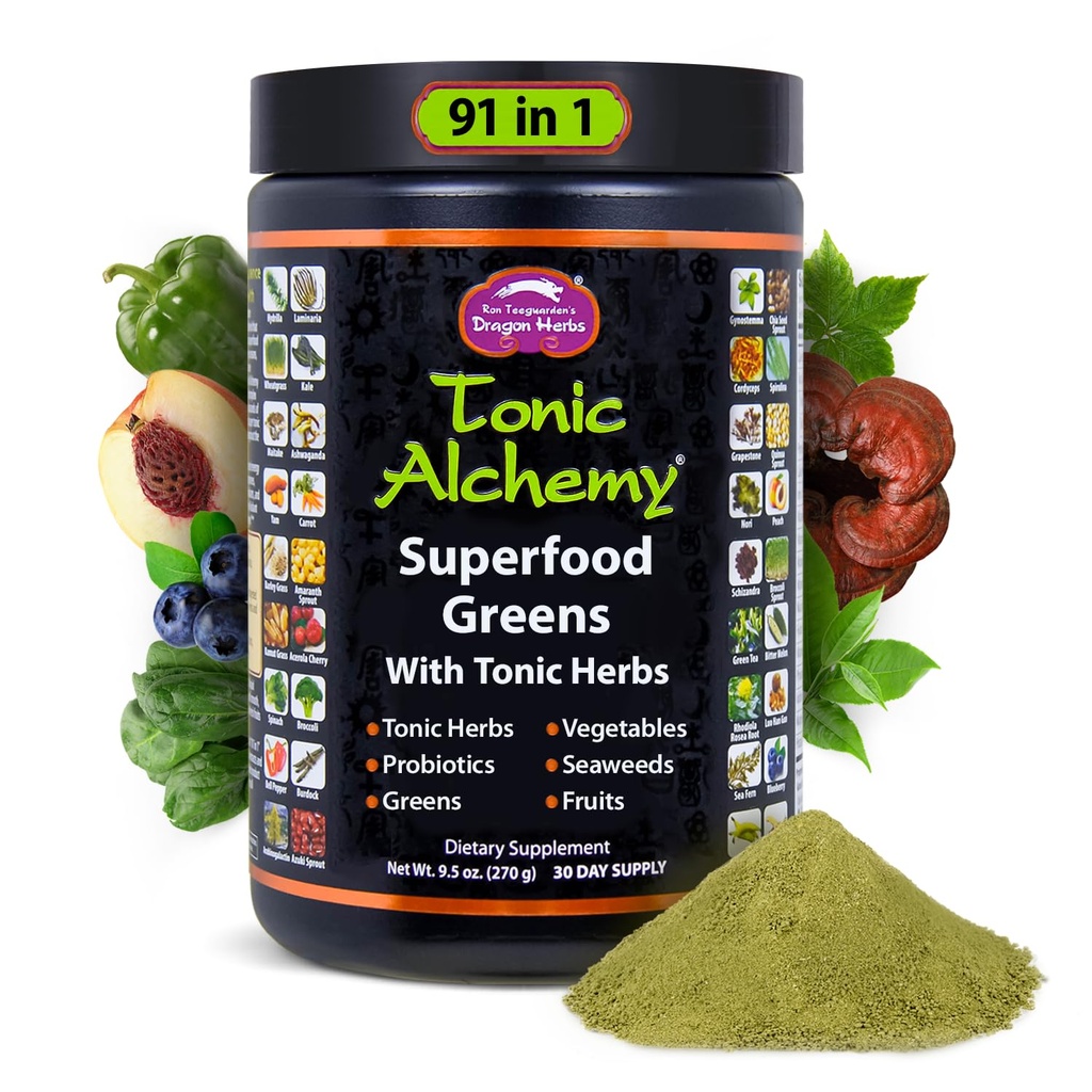 Dragon Herbs Tonic Alchemy Superfood Greens Powder mit 91 Inhaltsstoffen: Tonic Herbs, Ashwagandha, Pilze, Probiotika, Super Greens, Seaweeds, Früchte, Gemüse, Spirulina - 30 Servietten