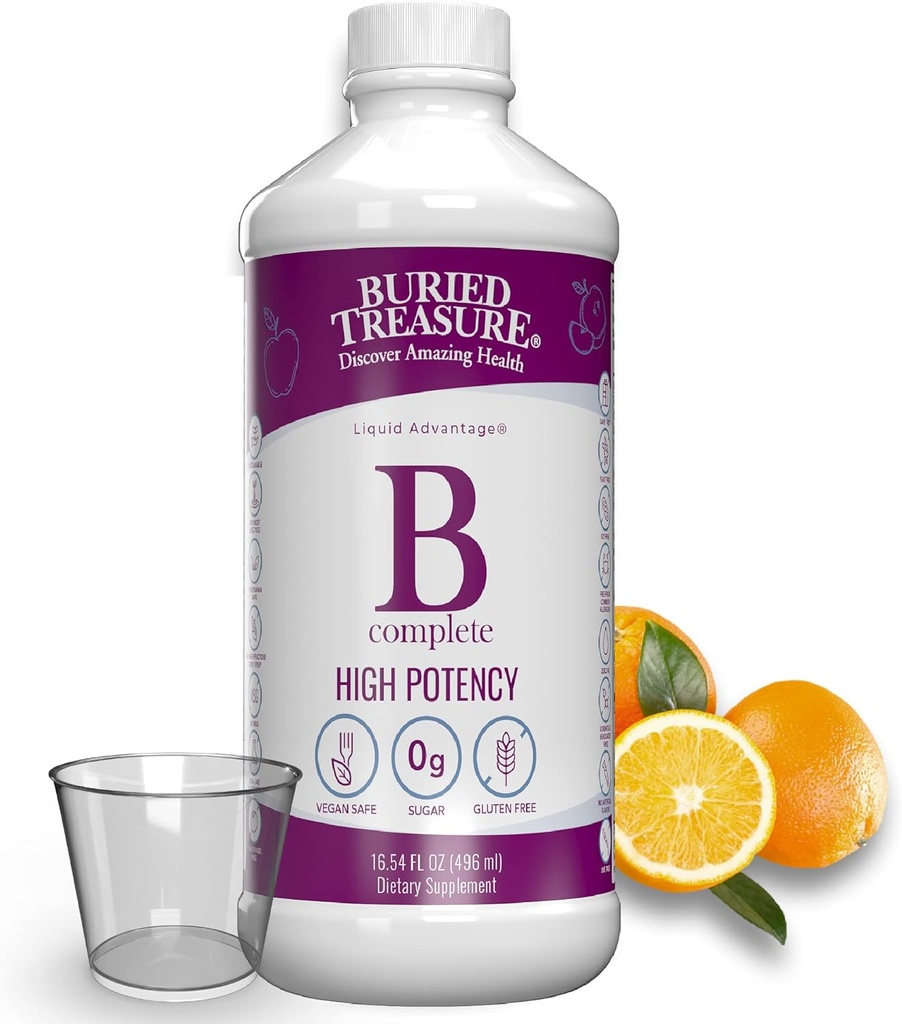 Trésor enterré B Complet - Complexe de vitamine B liquide avec méthylCobalamine B12 et méthylFolate B9, Biotine, B1, B2,B3, B5, B6, Liquide et sans sucre, Femmes et hommes, Coupe de dose pour la mesure