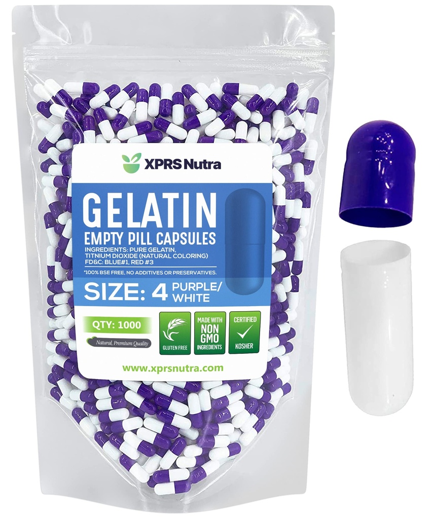 XPRS Nutra Größe 4 Leere Kapseln - 100 Count Small Leere Gelatin Kapseln - Pillen DIY Kapsel Füllung - Fillable Pure Bovine Pill Gel Kapseln für Do-It-Yourself Ergänzungen (Purple/White)
