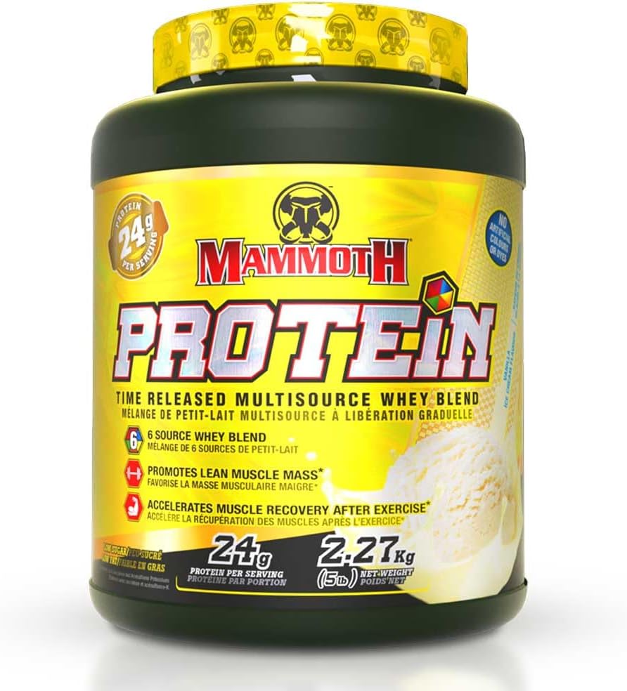 MAMMOTH PROTEIN POWDER, HIGH PROTEIN SHAKE, SUPÉRIEUR TEMPS-RELEASE FORMULE, QUOI PROTEIN CONCENTRATE & ISOLATE, HYDROLYZED WHEY & LAIT PROTEIN ISOLATE, CASÉINE, 6 SOURCES BIODISPONIBLES DE PROTEIN, LOW SUGAR, Vanila, 5 LB