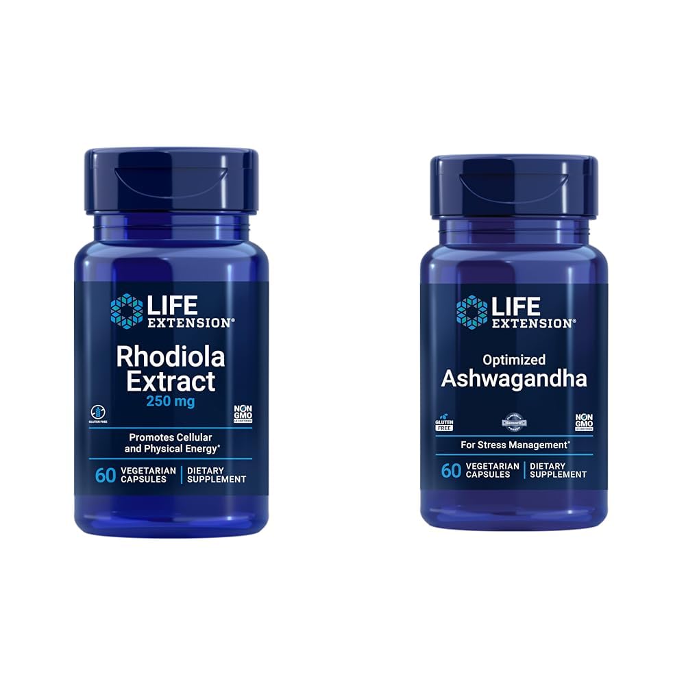 Extension de vie Rhodiola et Ashwagandha Extraction Bundle, Rhodiola rosea et Ashwagandha Suppléments, 60 Capsules Chaque