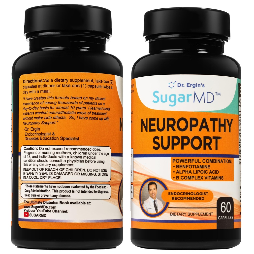 SugarMD Neuropathy Support Supplement – 60 Nerve Supplement Kapseln mit Alpha Liponsäure, Benfotiamin & Vitamin D3 B6 B12 - Nerve Support Supplement für Füße, Hände, Finger & Beine - 30 Tage Versorgung