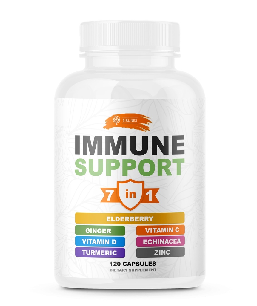 SIRUNES Immun Booster - Immunität Unterstützung Multivitamin - Vitamin C und D3, Elderberry, Zink, Echinacea, Ginger, Turmeric - Antioxidans, Energie und Vigor, Brain Boost (Immune Support Capsules)