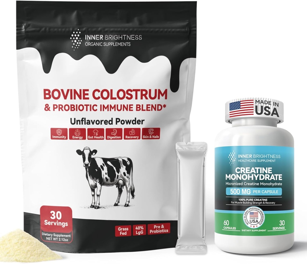 Poudre de supplément de colostrum pour Gut, Immune Santé et Absorption Nutritif, 30 portions + gélules monohydratées de créatine pour fabricant de muscles