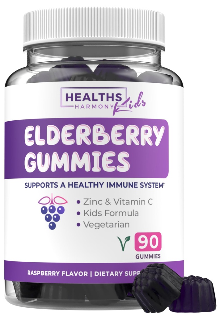Sambucus Gummies pour les enfants - Gummies de soutien pour les enfants avec vitamine C et zinc pour le mieux-être quotidien et saisonnier - Vegan non-OGM et laboratoire vérifié (3 mois d'approvisionnement)