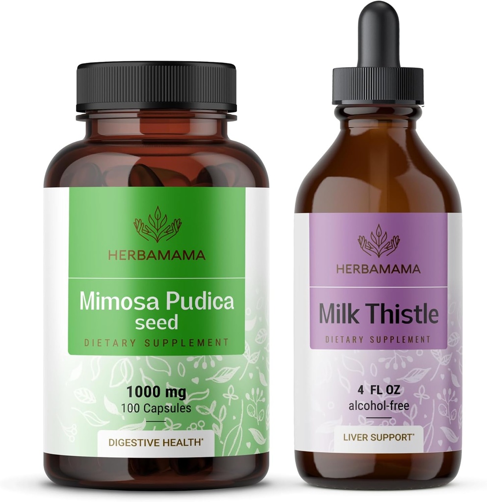 HERBAMAMA Mimosa Pudica et kit de chardon de lait - lot de 1000 mg Mimosa Pudica Capsules et la teinture de chardon de lait 4 fl oz - végétalien, non-OGM, sans sucre et sans alcool - 2 packs